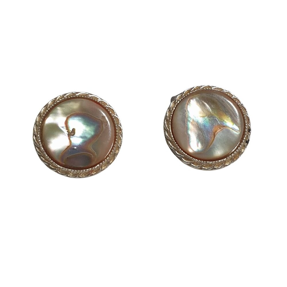 Vintage Mother Pearl Gold Tone Clip On Earrings Shell Plastic Costume Mom Gift